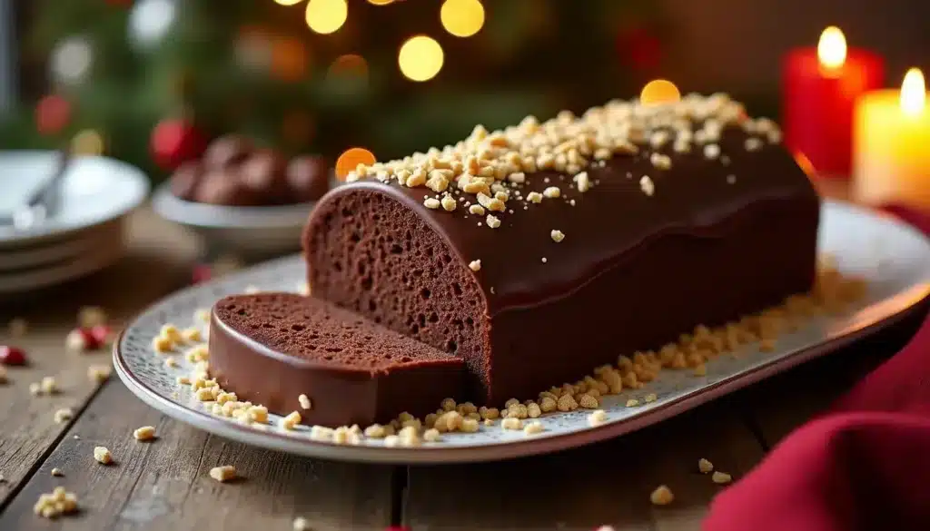 Gâteau chocolat nappé, décoré de noisettes.