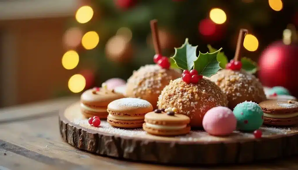 Desserts de Noël avec macarons et décor festif.