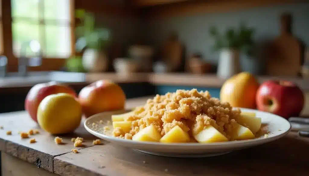 Assiette de crumble aux pommes en cuisine rustique.