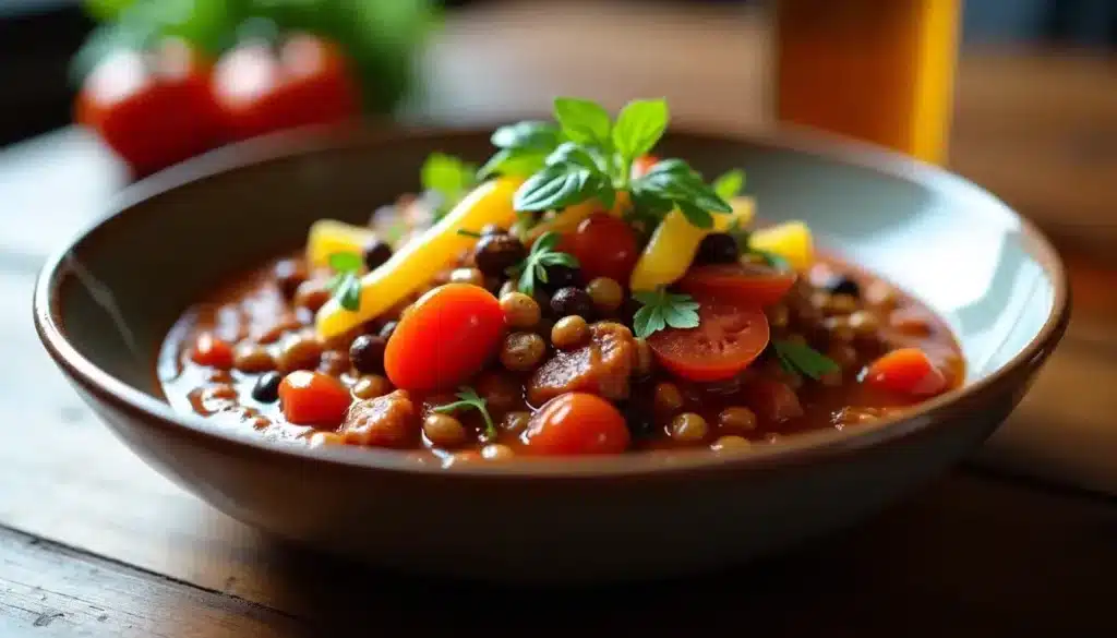 Ragoût de légumes coloré dans un bol.
