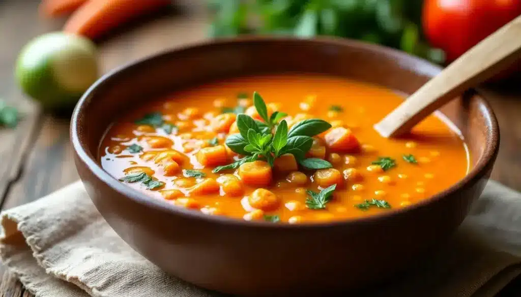 Soupe de légumes avec carottes et herbes fraîches.