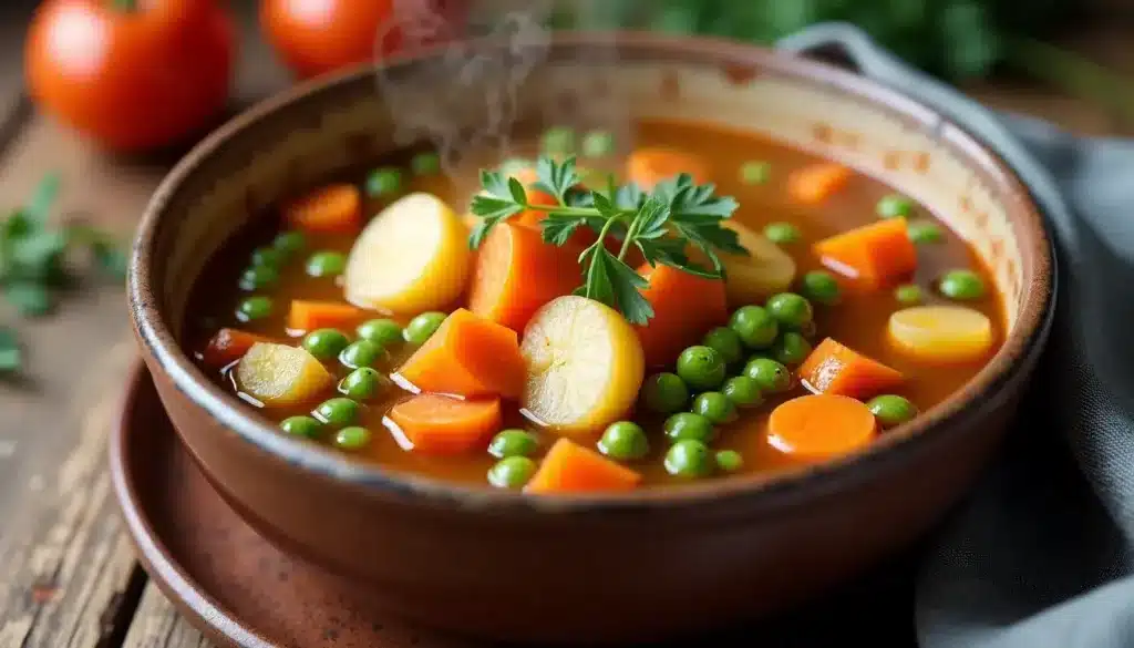 Soupe de légumes avec carottes, pois et pommes de terre.
