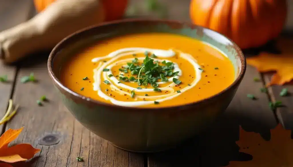 Soupe de potiron crémeuse avec herbes fraîches.