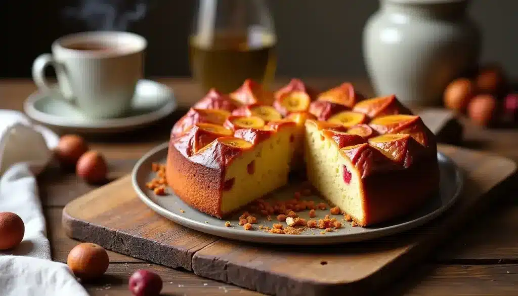 Gâteau aux abricots et thé sur la table.