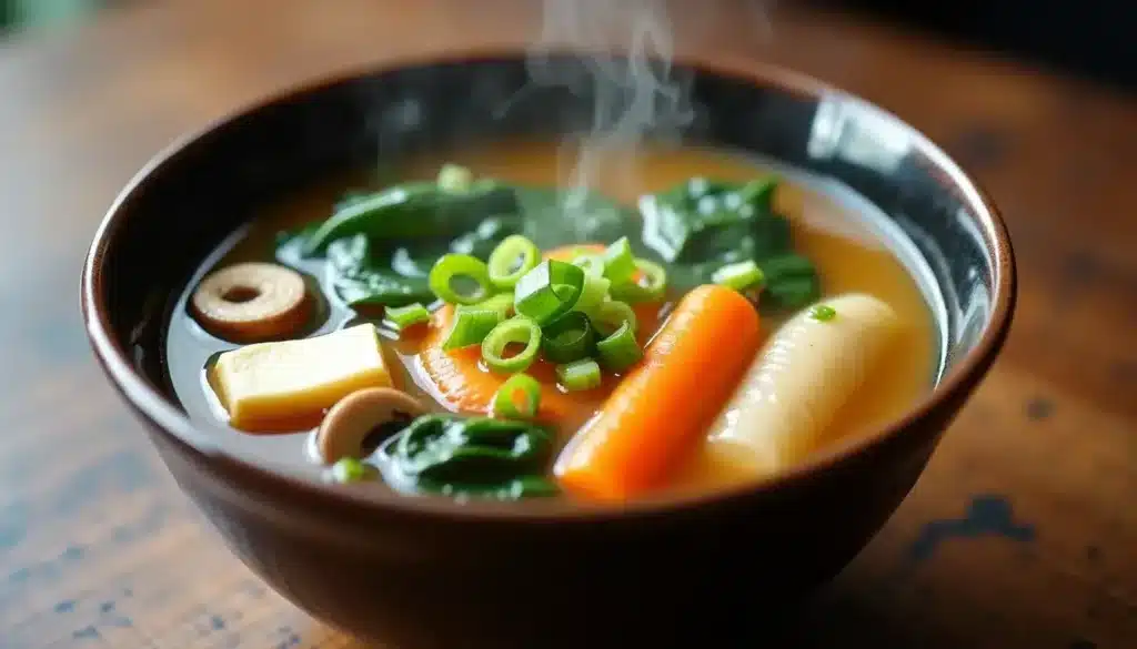 Soupe de légumes fumante dans un bol.