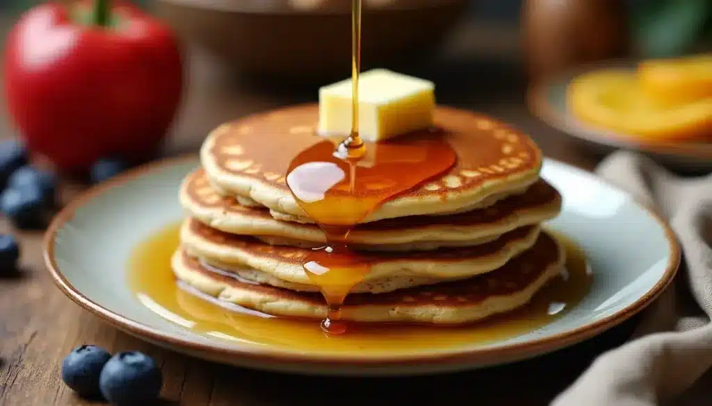 Crêpes au sirop et beurre sur assiette.