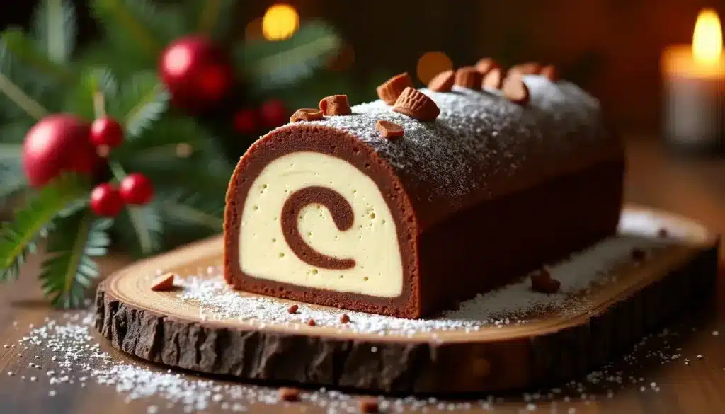 Bûche de Noël chocolat vanille sur planche bois