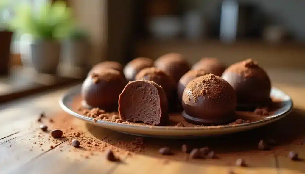Assiette de truffes au chocolat sur table en bois.