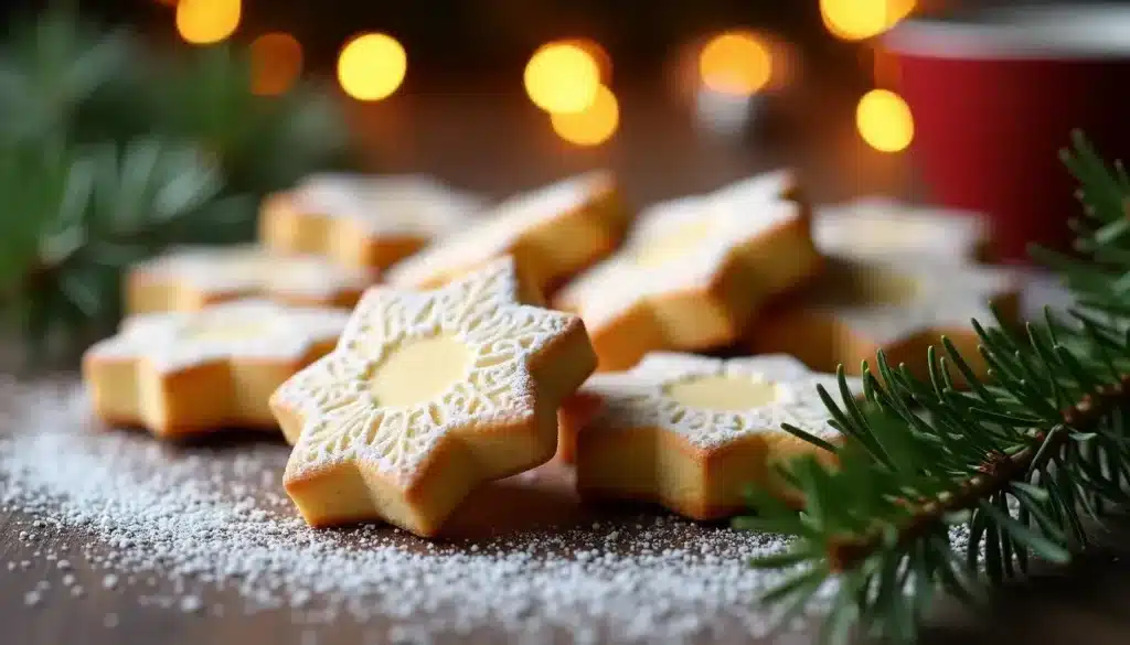 Biscuits étoile avec sucre glace et lumière festive.