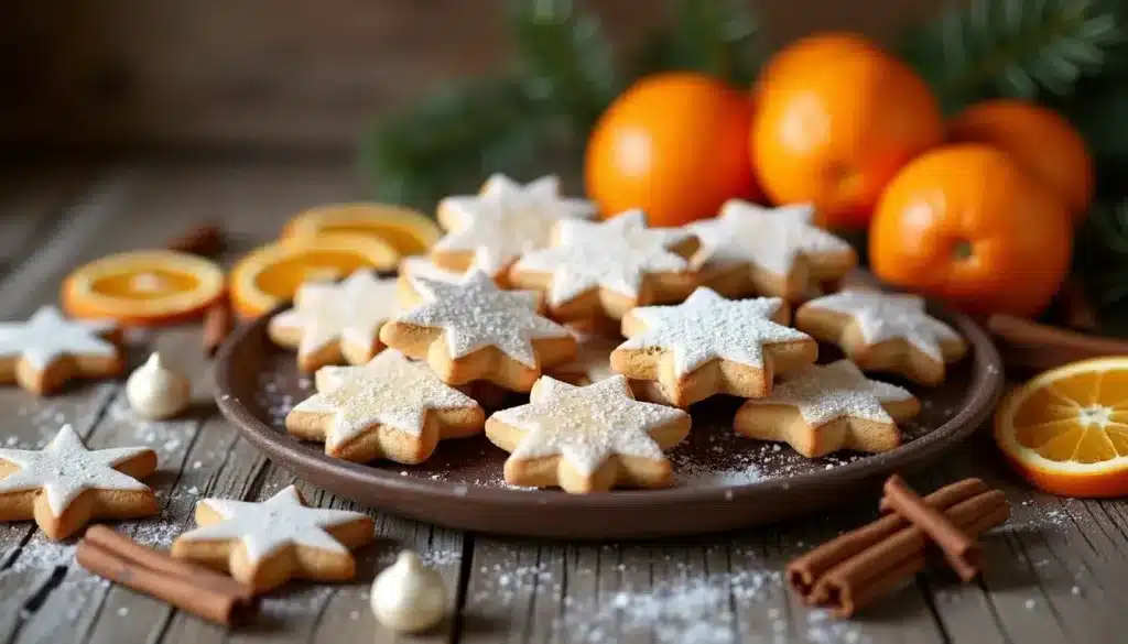 Biscuits étoiles et oranges sur une table.