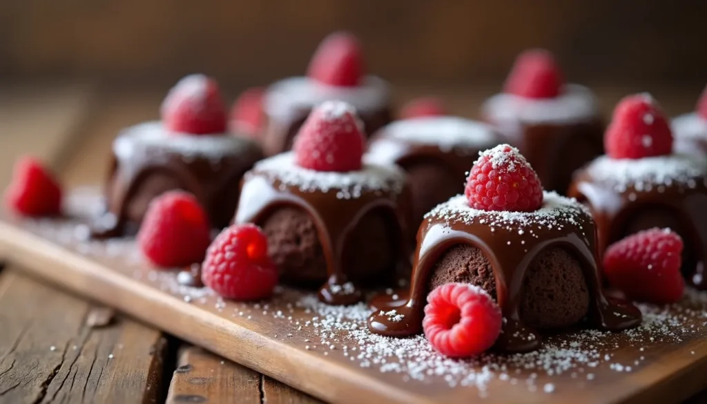 Gâteaux chocolat framboise décorés de sucre glace.