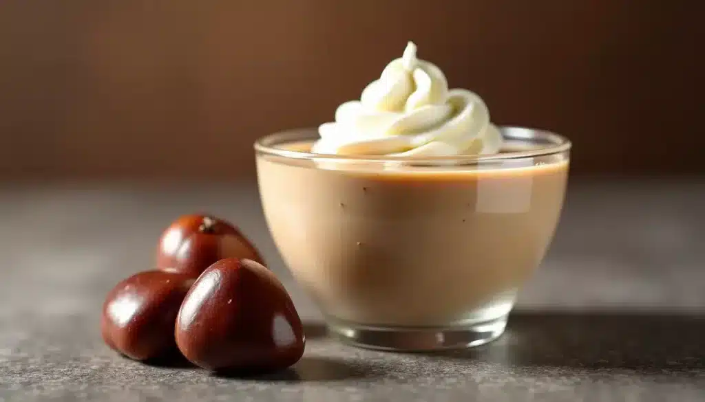 Crème dessert au caramel et marrons décoratifs.