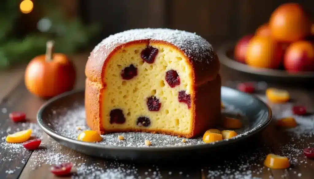 Gâteau aux fruits saupoudré de sucre glace.