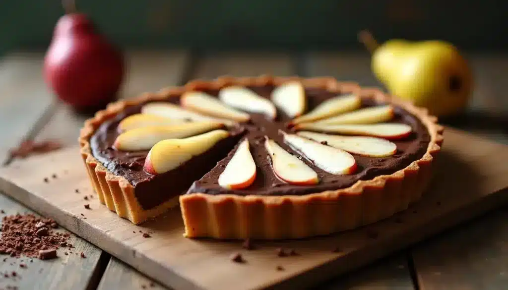 Tarte au chocolat et poires sur planche.