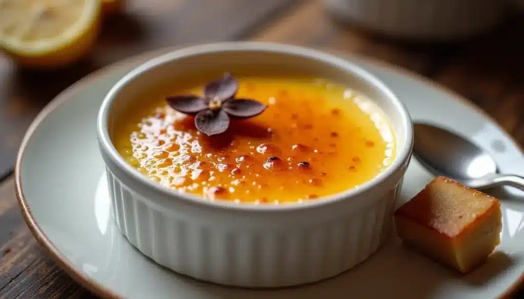 Crème brûlée avec fleur en décoration.