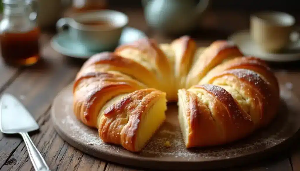 Brioche en couronne vue sur une table en bois.