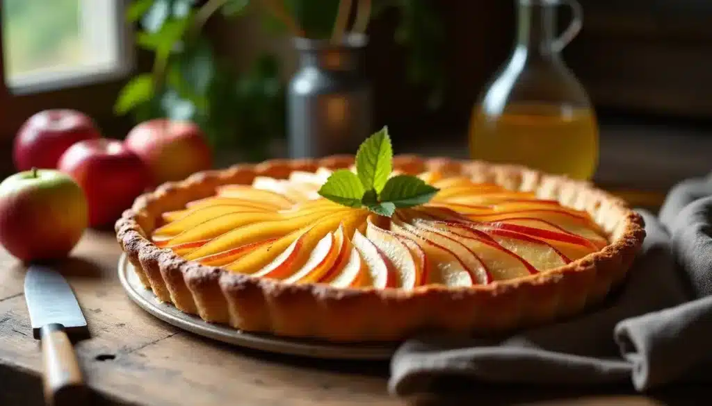 Tarte aux pommes sur table en bois rustique.