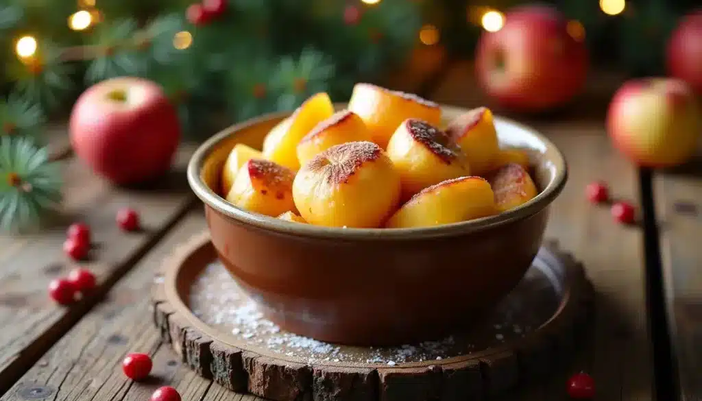 Bol de pommes rôties sur table en bois.