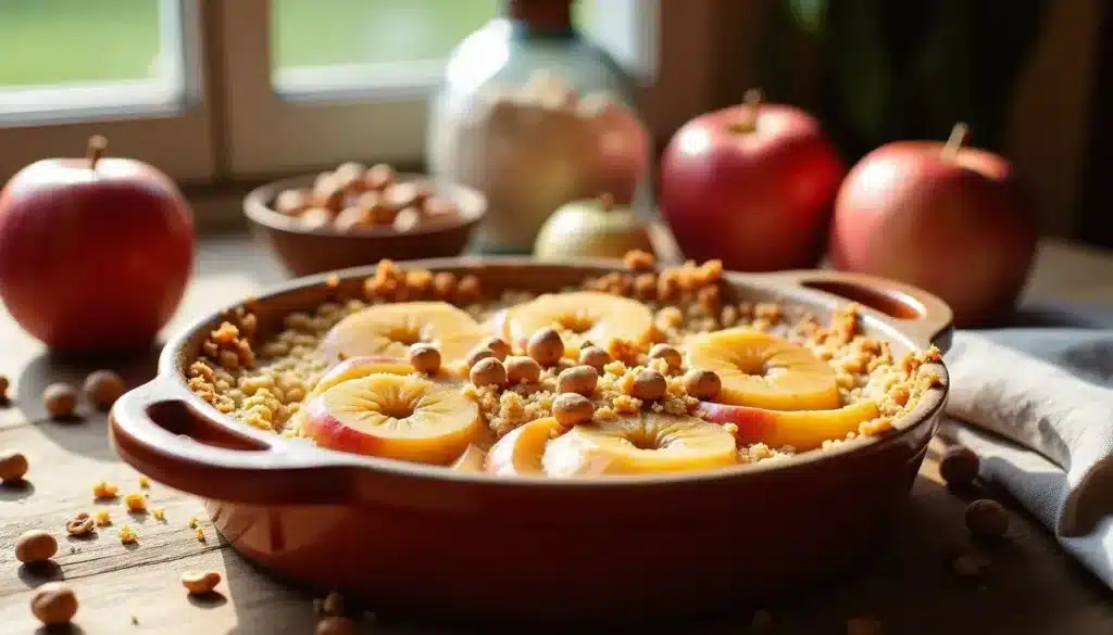 Crumble aux pommes et noisettes en plat.