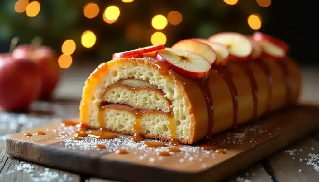 Gâteau roulé aux pommes et caramel sur planche.