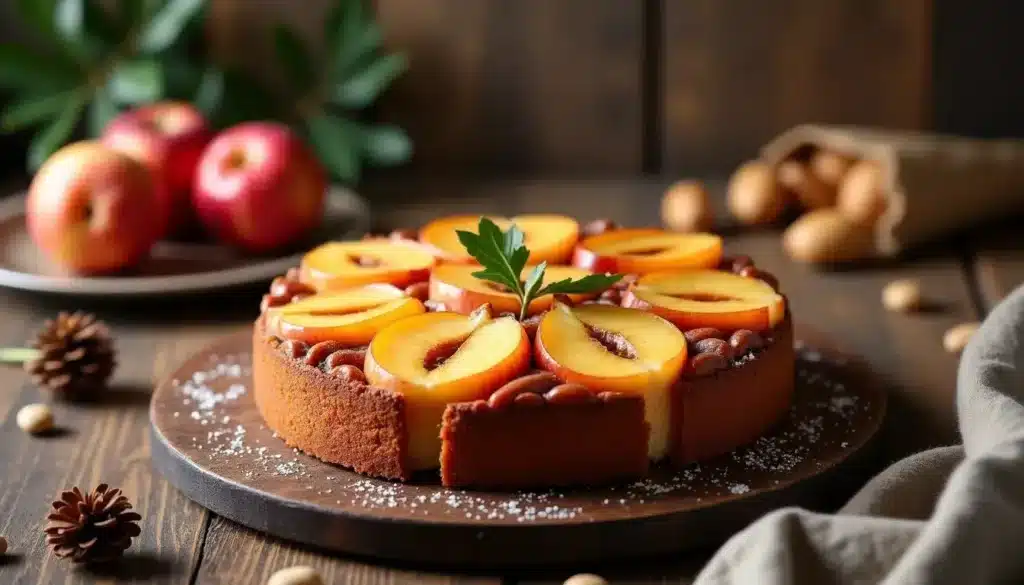 Gâteau aux fruits décoré de tranches de pêche.