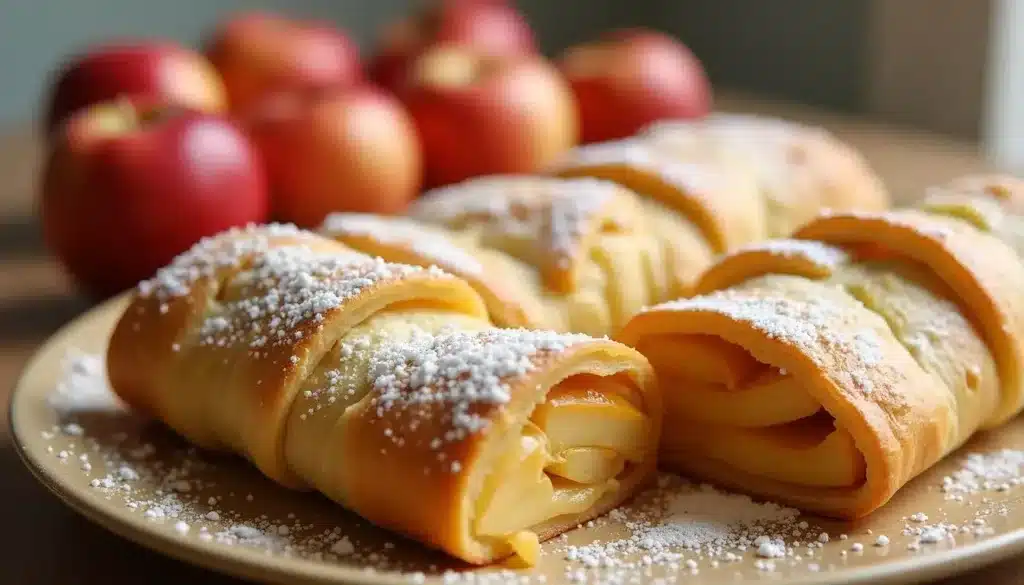 Tranches de strudel aux pommes saupoudrées de sucre glace.