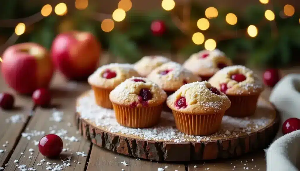 Muffins aux cranberries sur plateau en bois décoré.