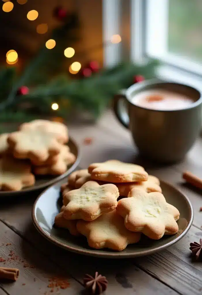 Biscuits sablés étoilés et tasse de chocolat chaud.