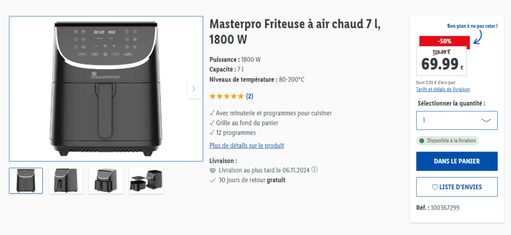 Friteuse a air chaud Masterpro 7L, 1800W en promotion.