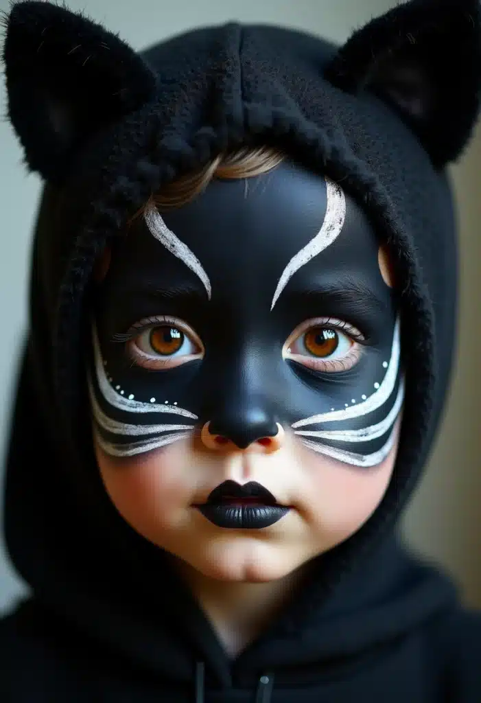 Enfant maquillé en chat avec capuche noire.