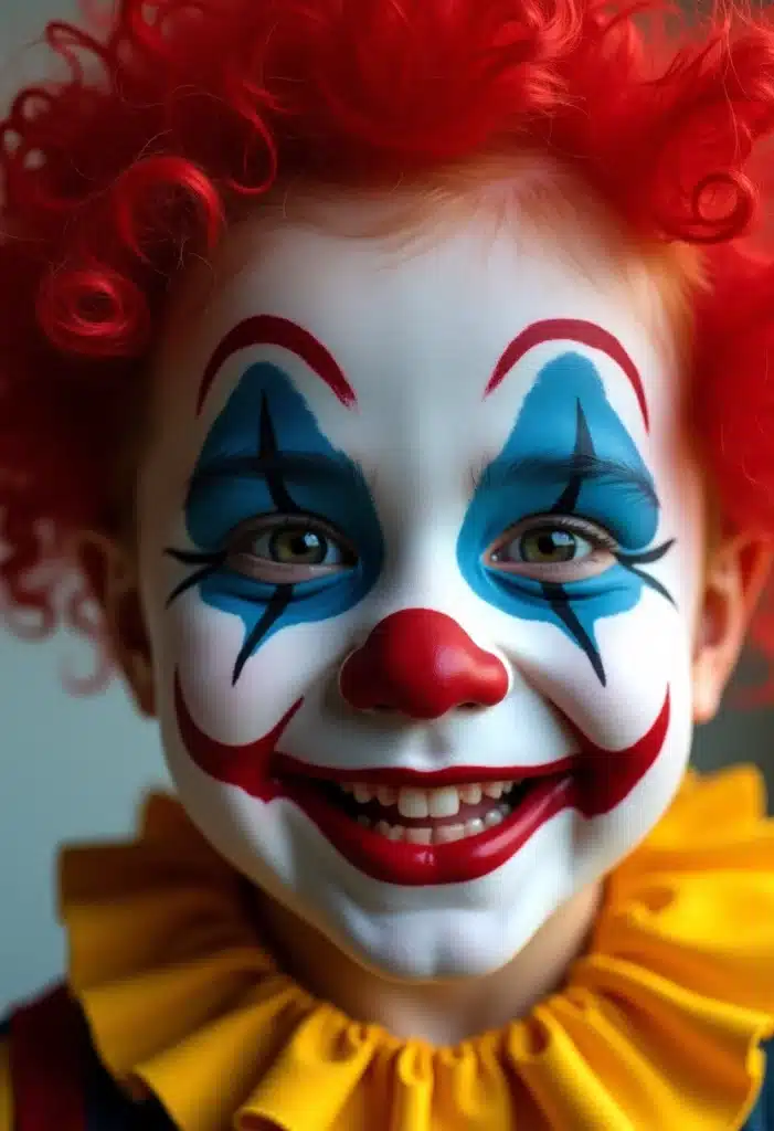 Enfant déguisé en clown souriant.