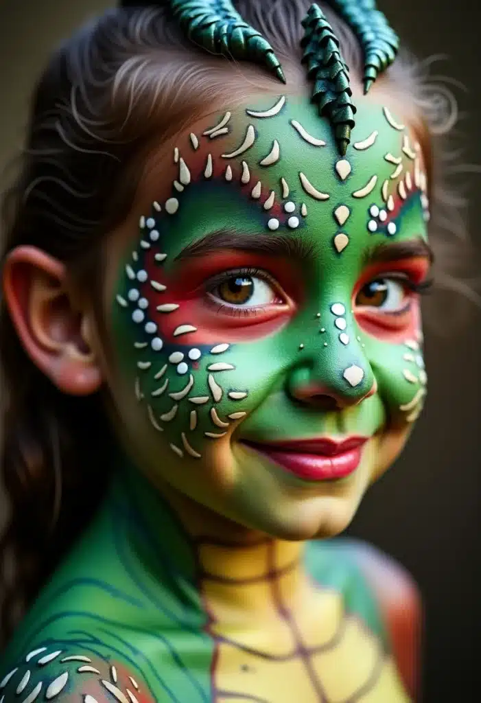 Enfant maquillée en dragon souriant.