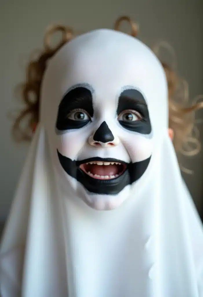 Enfant déguisé en fantôme souriant.