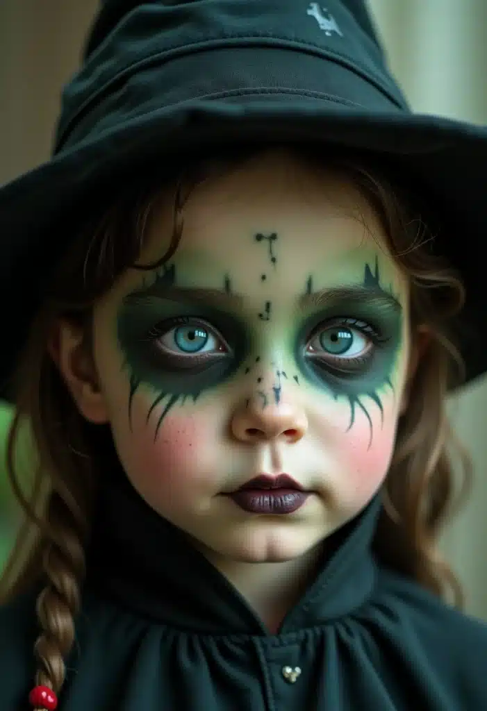 Enfant déguisée en sorcière avec maquillage vert.