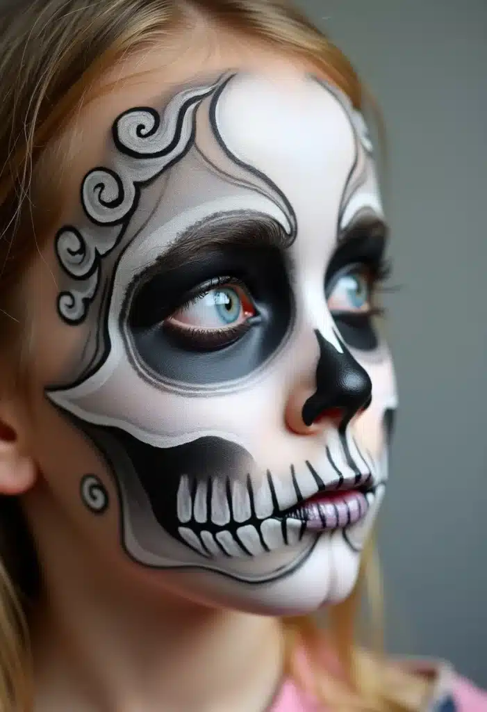 Visage maquillé en tête de mort artistique.
