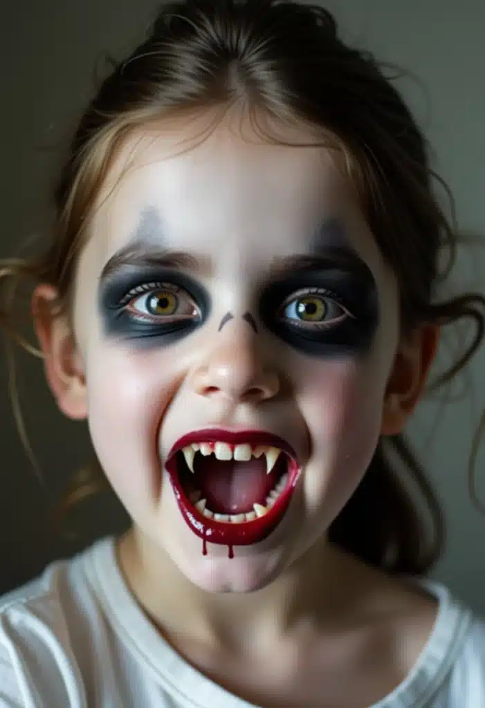 Enfant déguisée en vampire avec crocs.