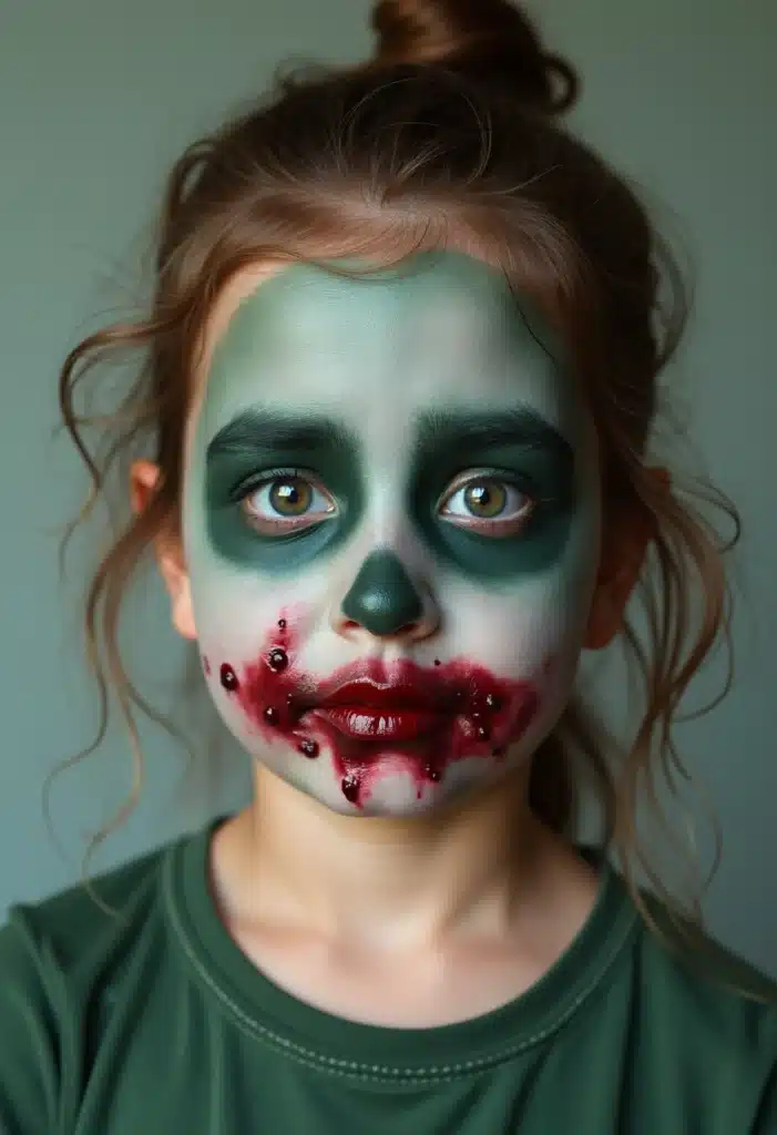 Enfant maquillée en zombie avec détails effrayants.