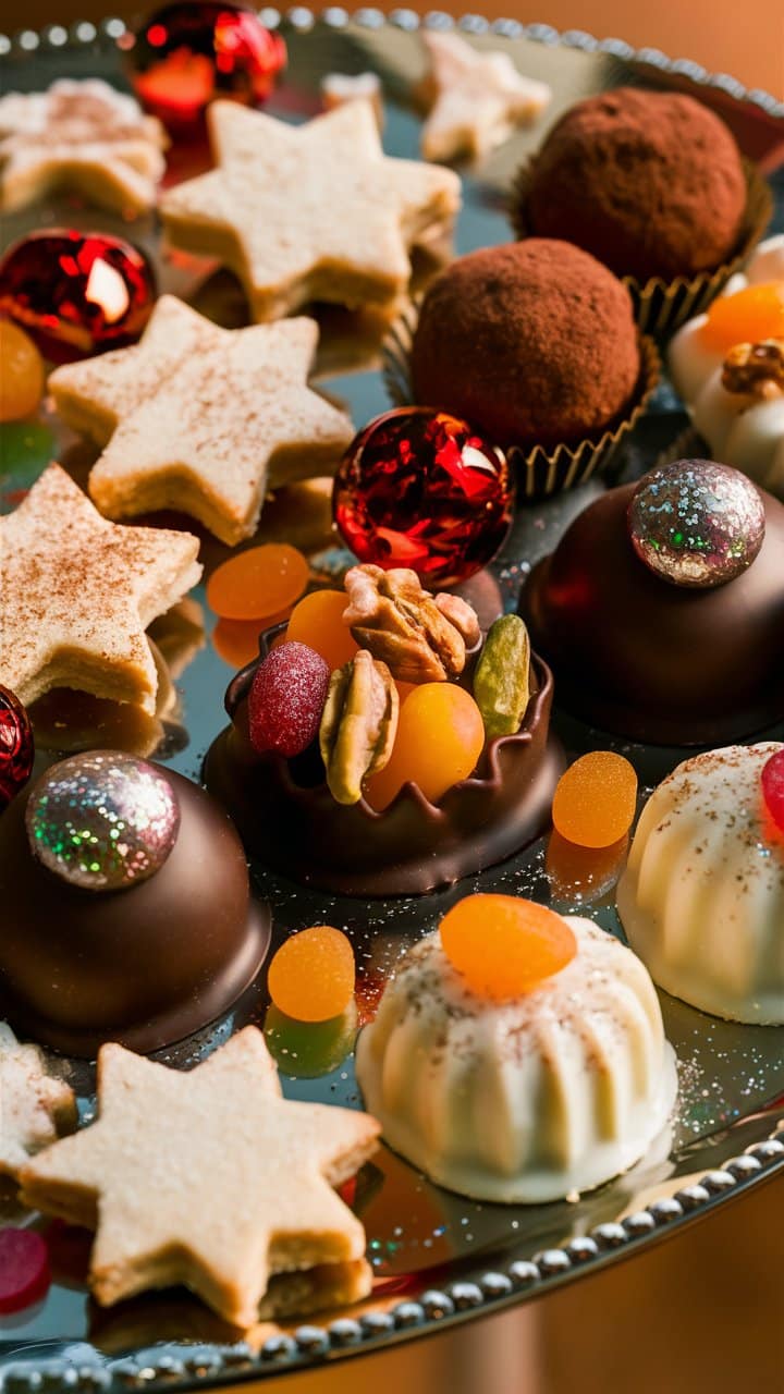 Plateau de pâtisseries et chocolats festifs.