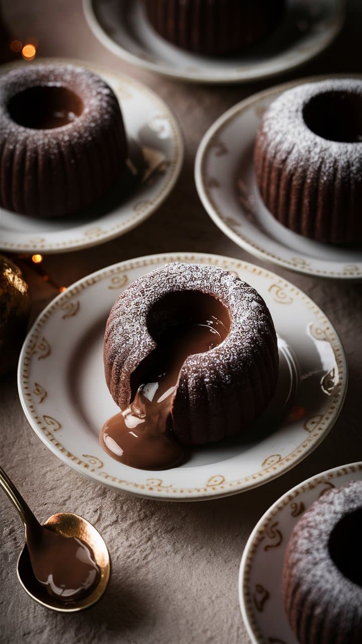 Moelleux au chocolat coulant dans assiette.