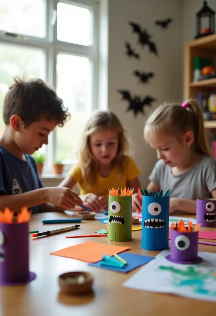 Enfants fabriquent des bricolages monstres pour Halloween.