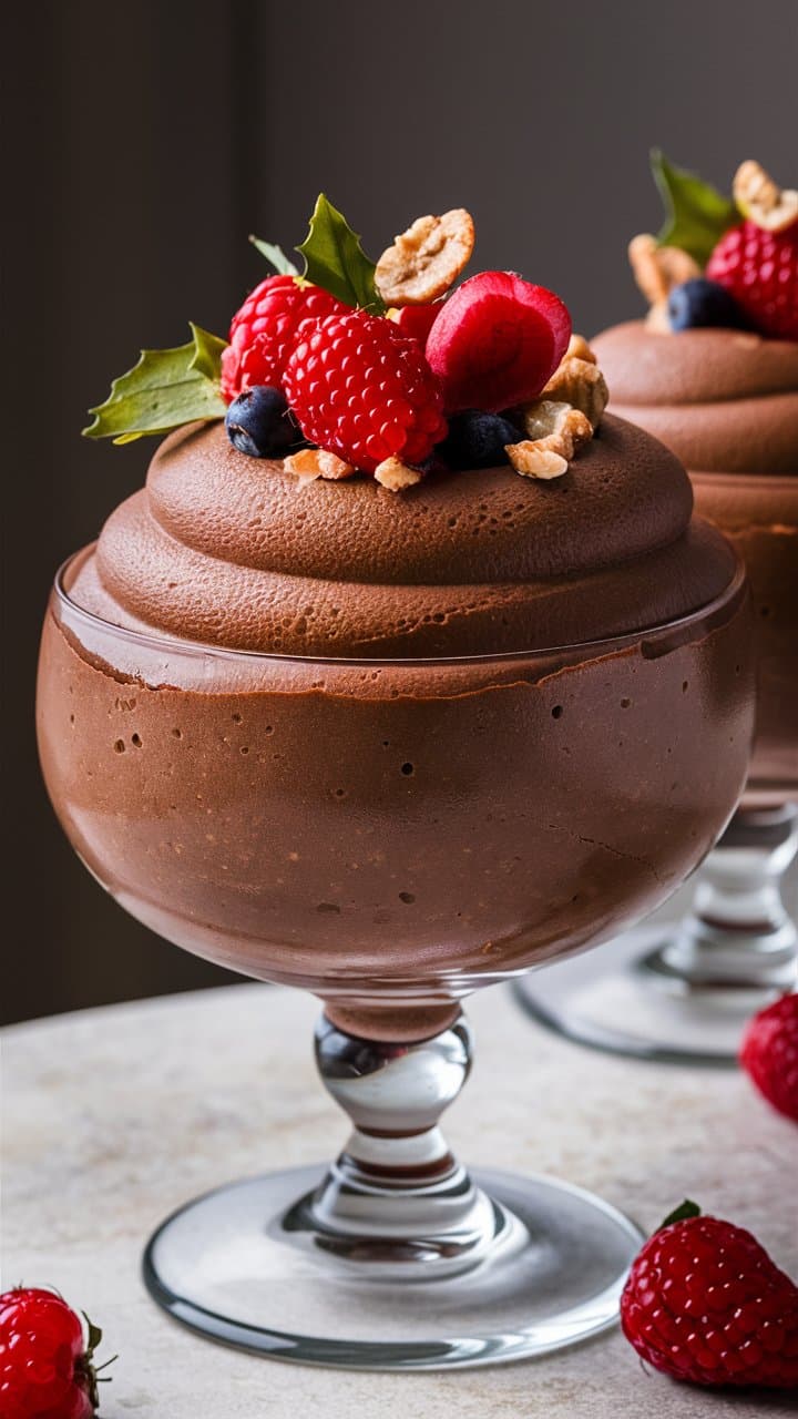 Mousse au chocolat garnie de fruits rouges.
