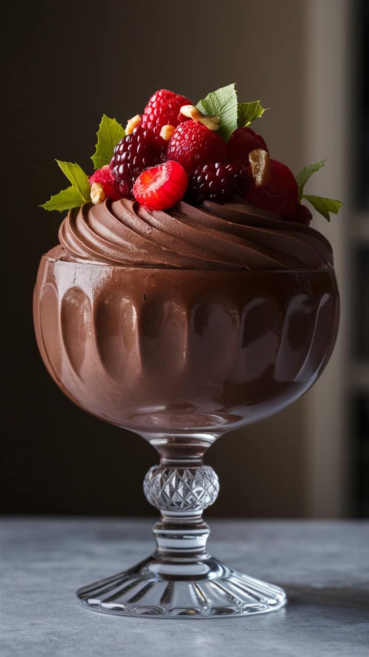 Mousse au chocolat avec fruits rouges frais