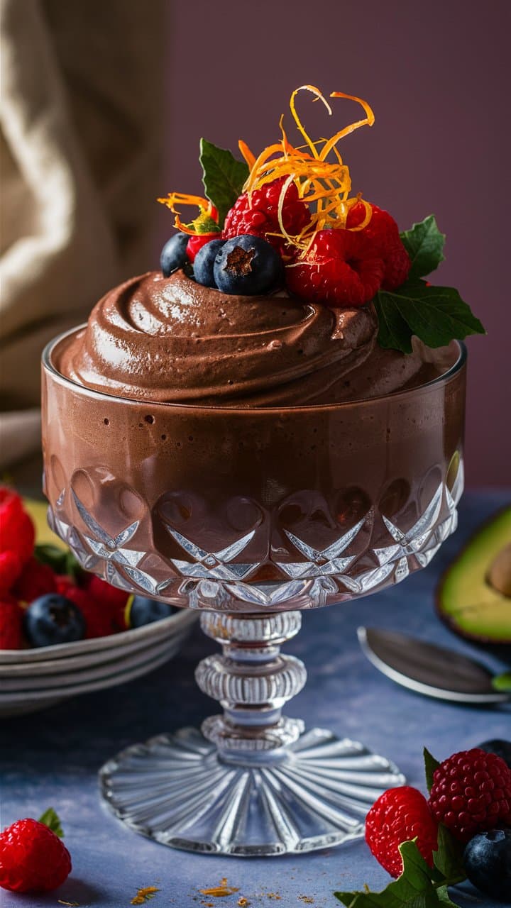 Mousse chocolat avec fruits rouges et zestes d'orange.
