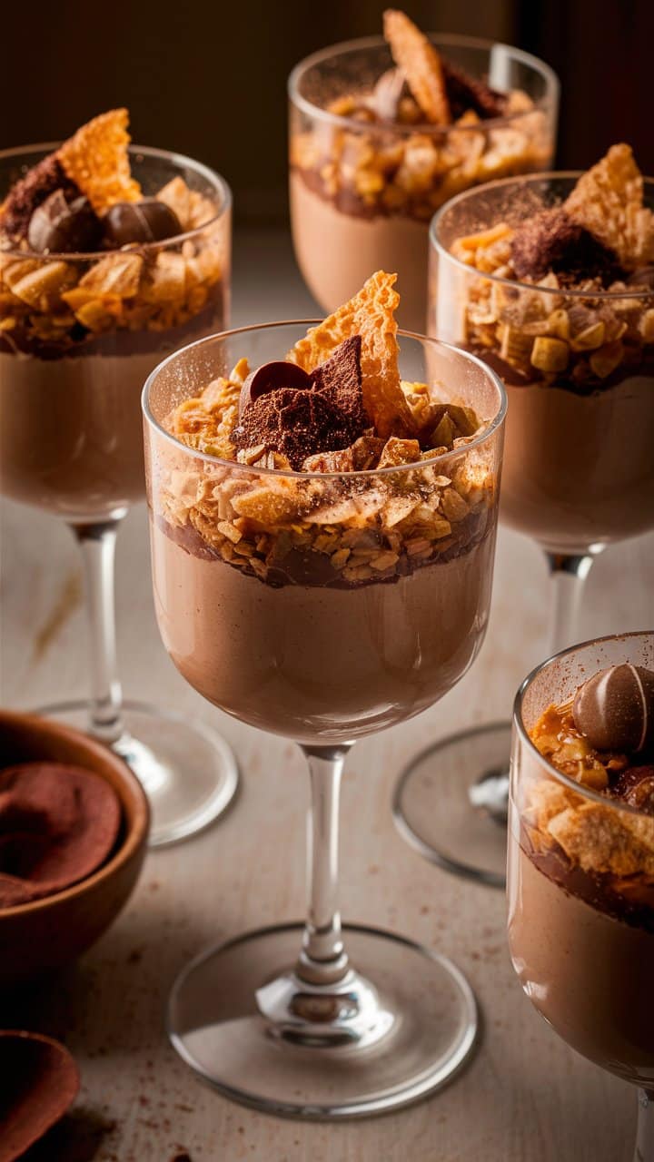 Mousses au chocolat garnies de biscuits et chocolat.