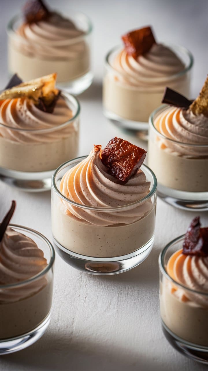 Verrines de mousse dessert décorées de morceaux croquants.