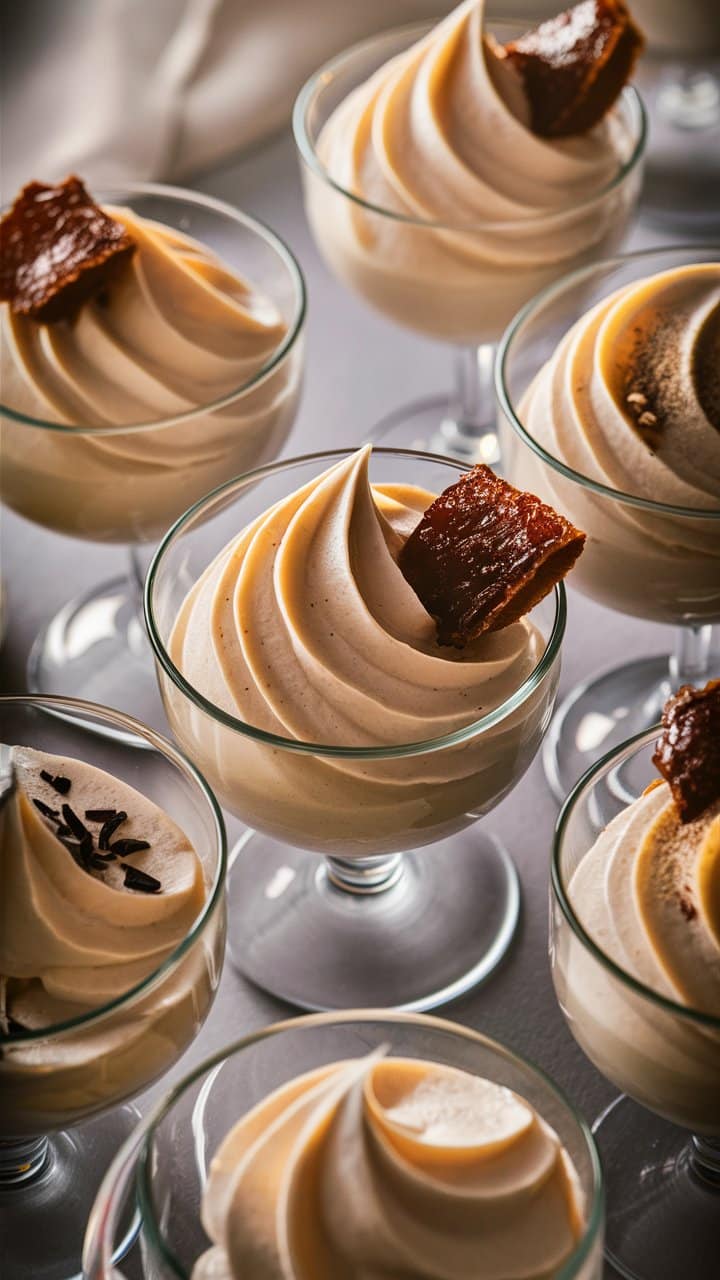 Desserts crémeux en verrines avec garnitures chocolatées.