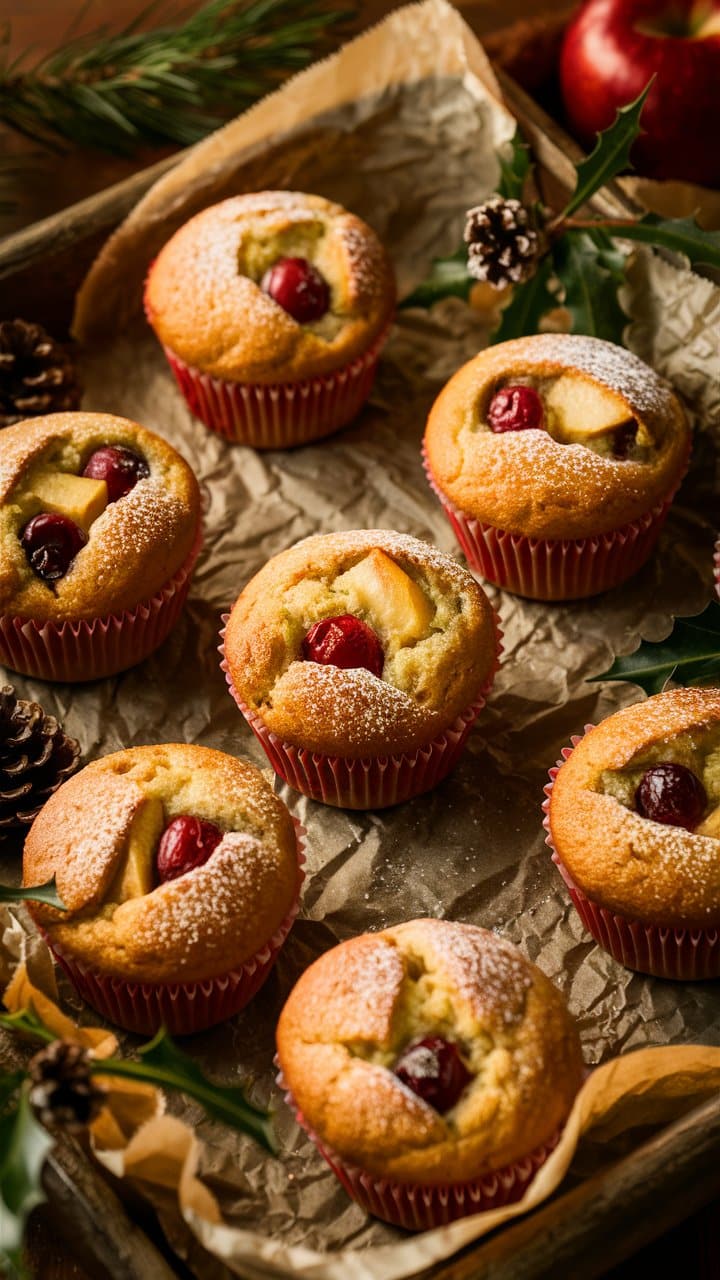 Muffins aux pommes et cerises, saupoudrés de sucre glace.