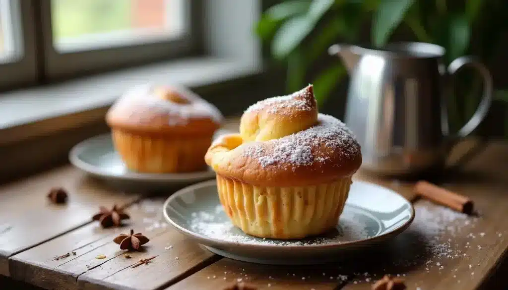 Deux muffins sur assiette, saupoudrés de sucre glace.