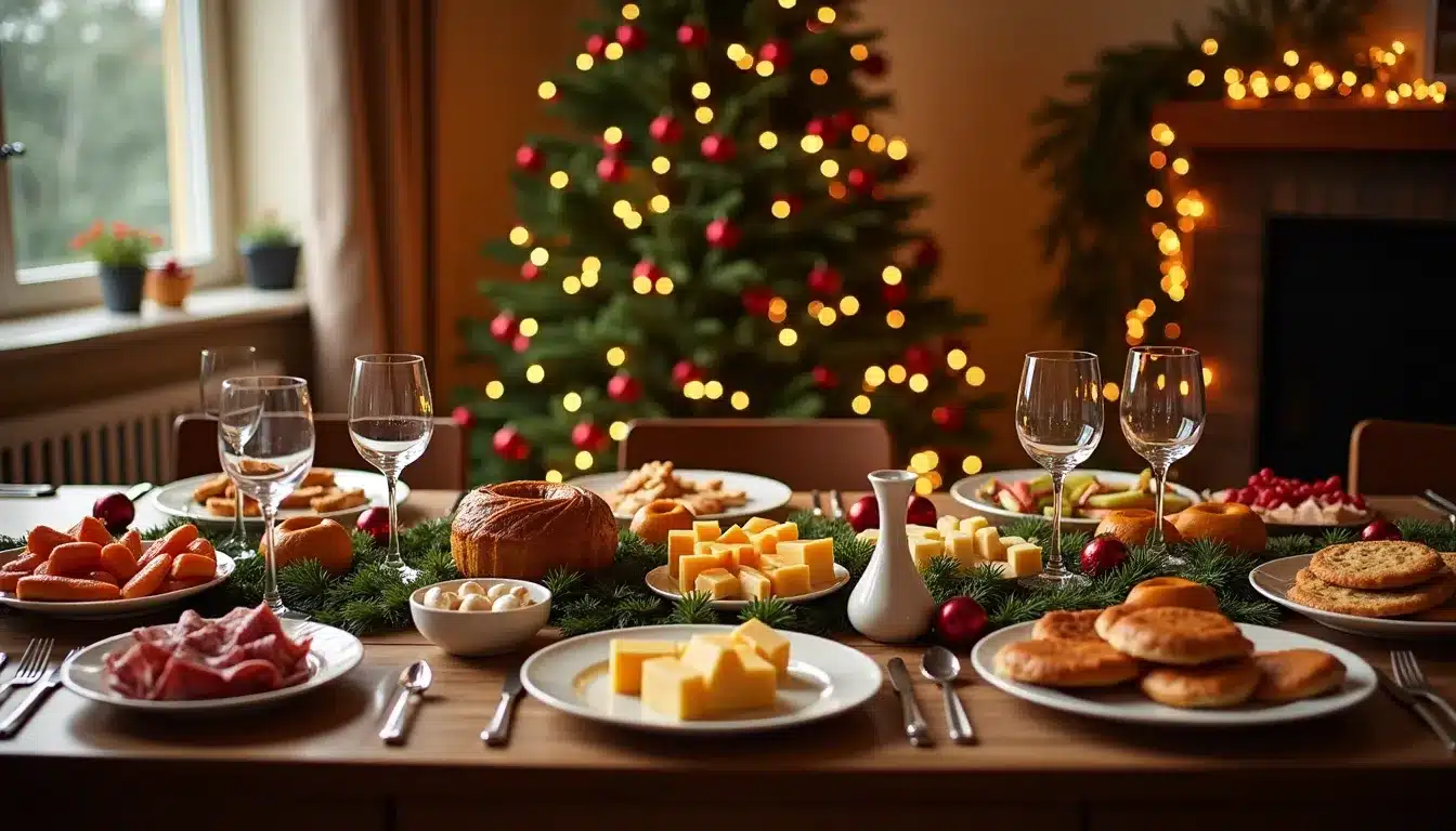 Table de Noël décorée avec nourriture et sapin illuminé.