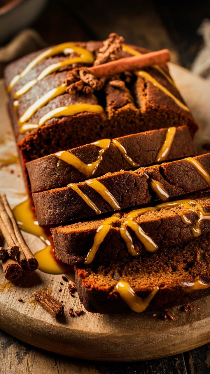 Gâteau au chocolat avec caramel, tranches et cannelle.